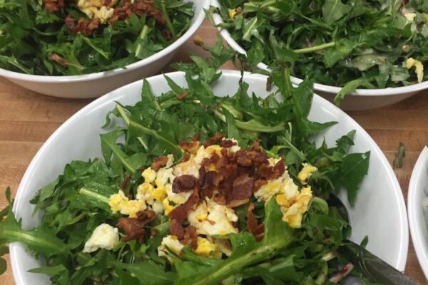 Dandelion, scrambled eggs and bacon ready to eat